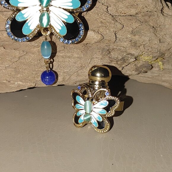 Perfume Butterfly Statement Jewelry Set Necklace Earring Ring Enamel Detailing - Picture 9 of 11